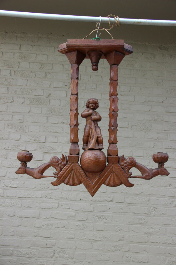 Antique German Black forest wood carved hunting deer chandelier pendant light