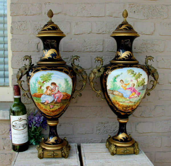 XL pair French porcelain de sevres Vases bronze dragons gothic Rare