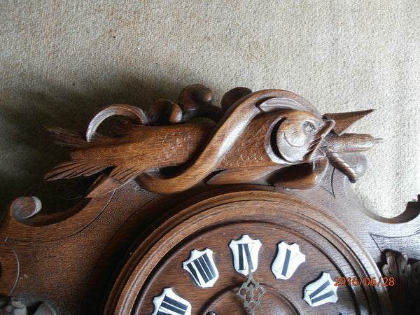 Antique Black forest wood carved hunting trophy clock fish rabbit dog 1900