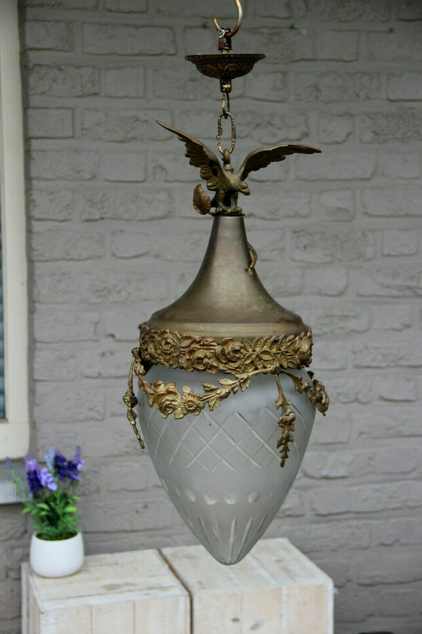 Antique French lantern chandelier brass metal crystal glass shade cut eagle rare