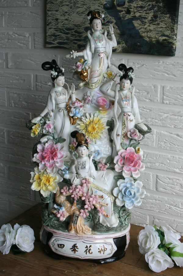 Huge 25" Japanese Porcelain Bisque statue Geisha goddess flowers Vintage chinese