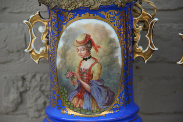 Huge PAIR French antique oil lamp Vieux paris porcelain portrait floral decor