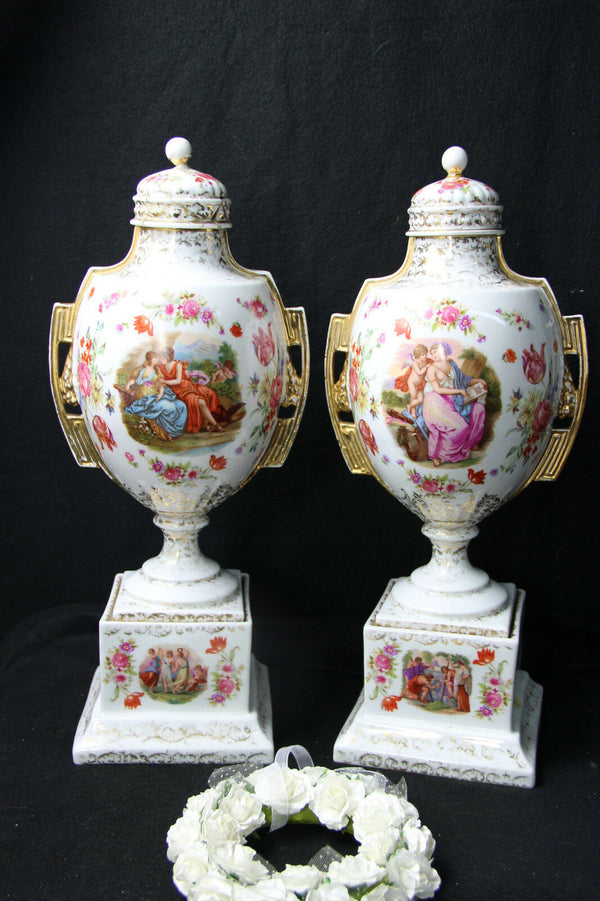 PAIR European marked porcelain Lidded Vases victorian scene floral