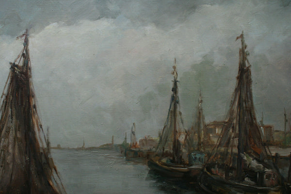 Flemish Master Achille sengier XXL Marine Boats in harbour signed Oil on canvas
