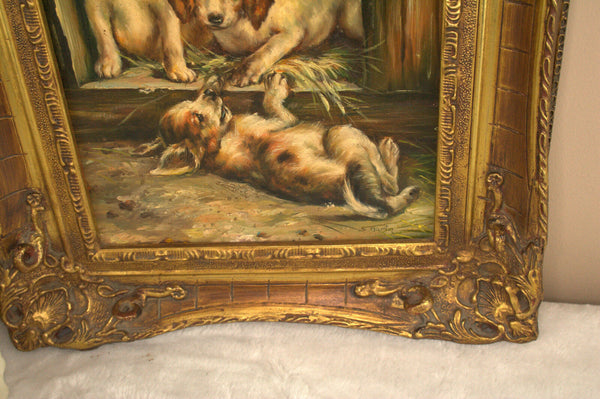 Gorgeous Oil on panel Painting dogs puppies playing signed 1950's