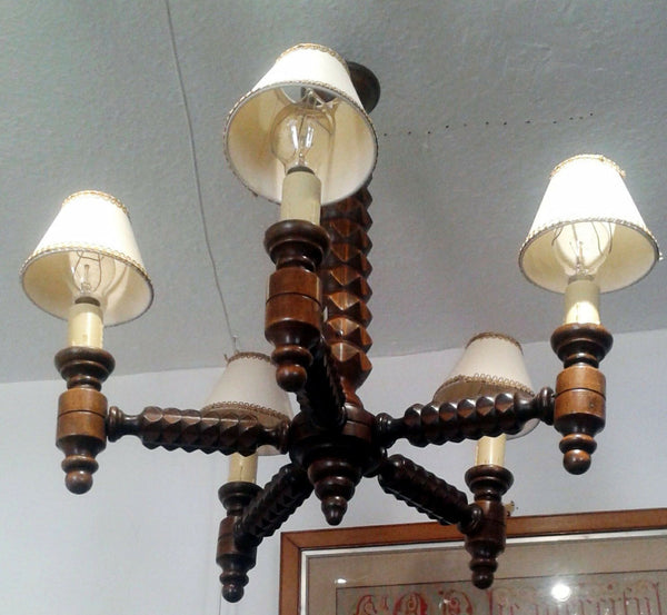 French art deco Wood carved 5 arms chandelier barley twist geometric design rare