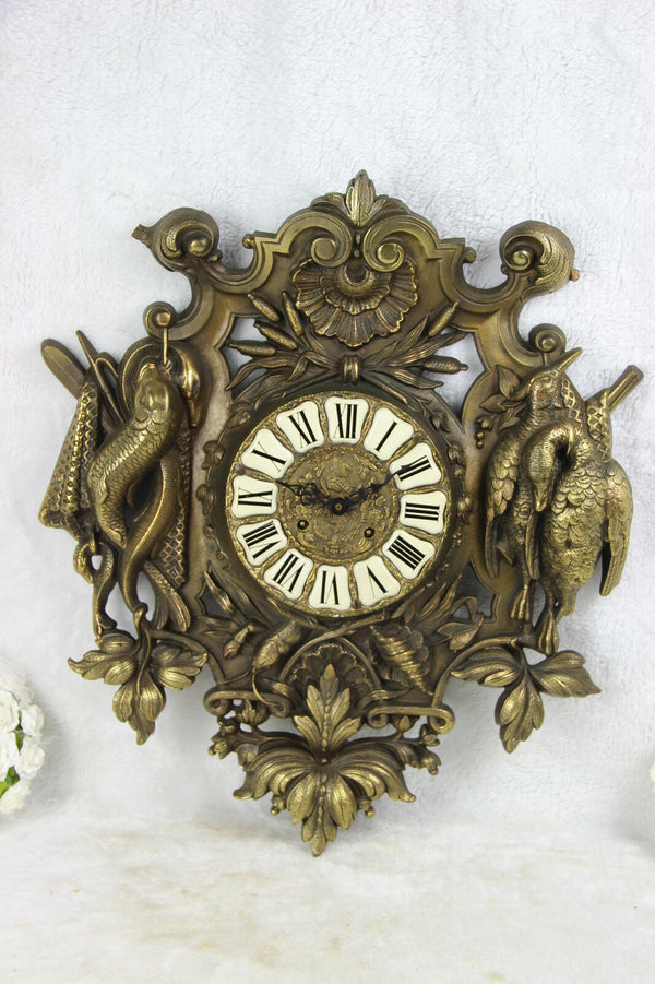 Black forest metal bronze gold gilt wall clock hunting trophy hunt bird fish