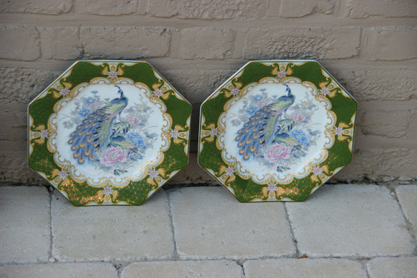 PAIR japanese porcelain peacock floral plates marked