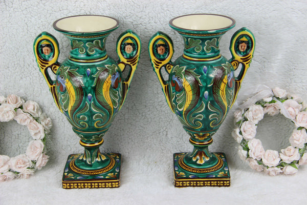 Antique pair French Barbotine majolica queen elizabeth mythological dragon vases