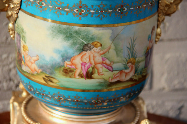 French sevres porcelain putti angel romantic bronze frame jardiniere planter n2