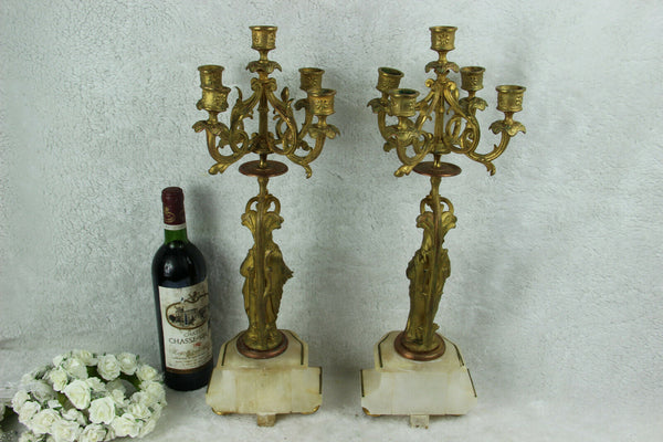 Antique French PAIR spelter madonna joseph Candelabras onyx marble saint