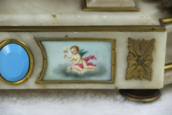 Antique French alabast marble clock bronze birds sevres putti porcelain plaques