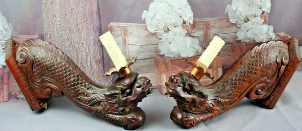 Exclusive XL Pair Chinese Foo Dogs sconces wood carved lamps 19th c dragons