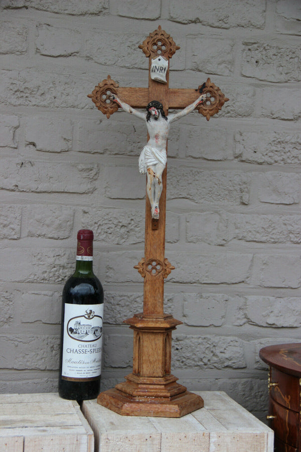 LARGE antique neo gothic wood carved crucifix chalkware christ religious