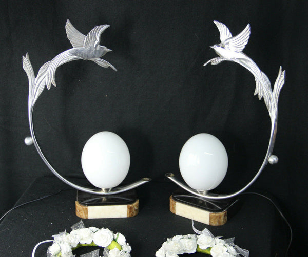 PAIR ART DECO 1930 French chrome marble onyx birds egg lamp bed desk