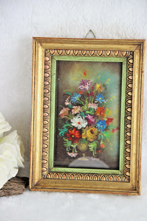 French Floral painting miniature portrait  still live 1960' signed