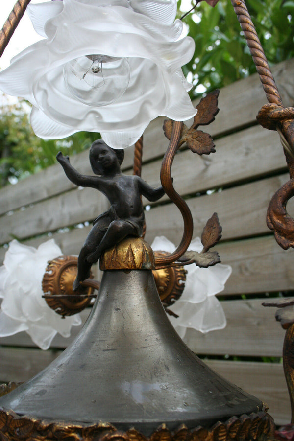 Antique French Empire style Bronze Brass tole putti angel Chandelier porcelain