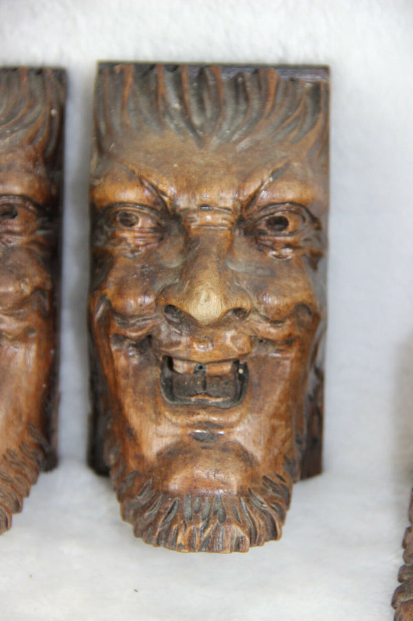 Set of 4 Antique XVIII Wood carved DEVIL gothic figurines head portrait ornament