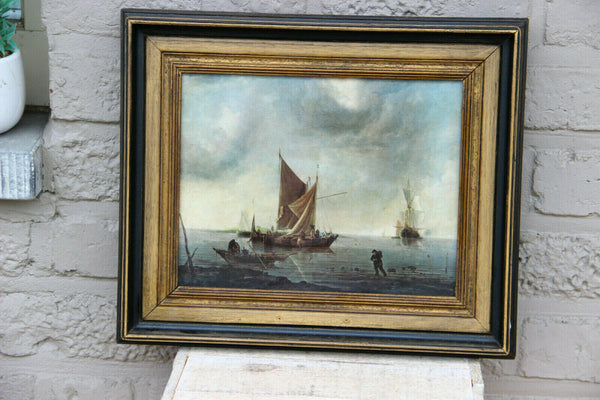 Vintage oil canvas painting fisherman boats maritime 1970s