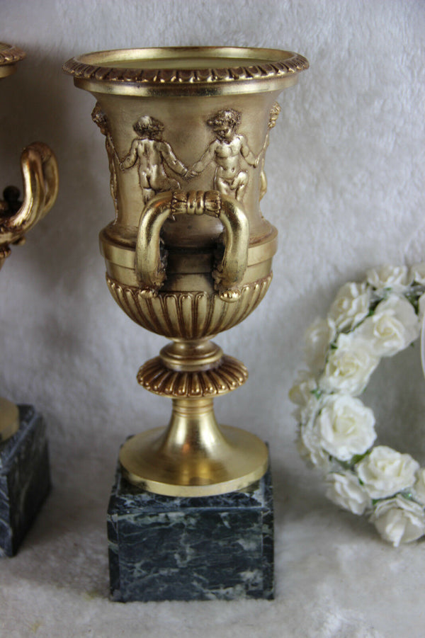 PAIR vintage French metal gold gilt marble putti cherubs angel Urns vases