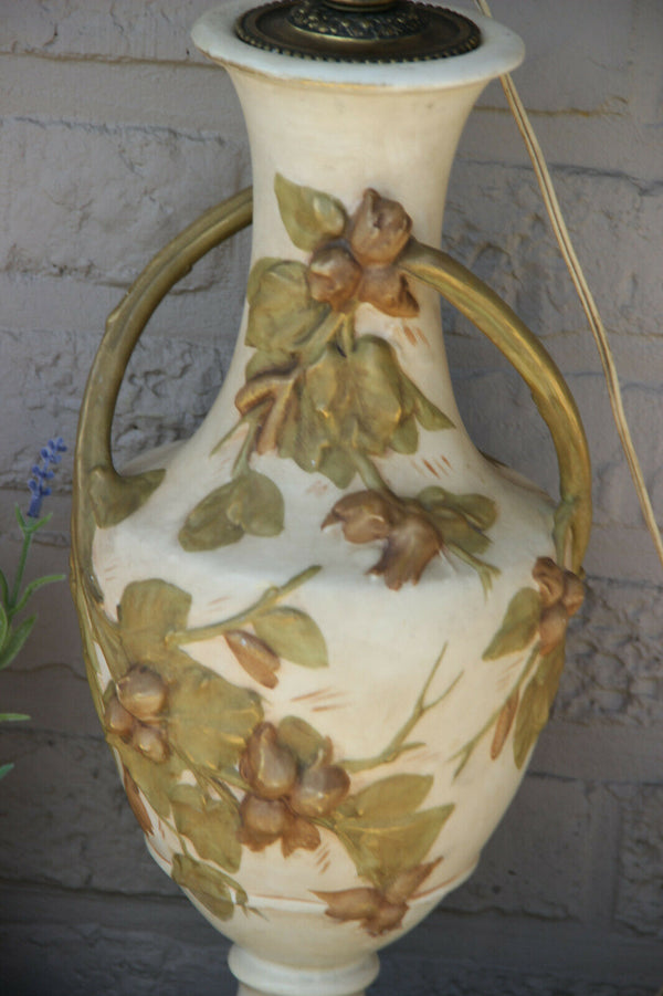 Royal DUX marked porcelain vase mounted lamp relief floral decor