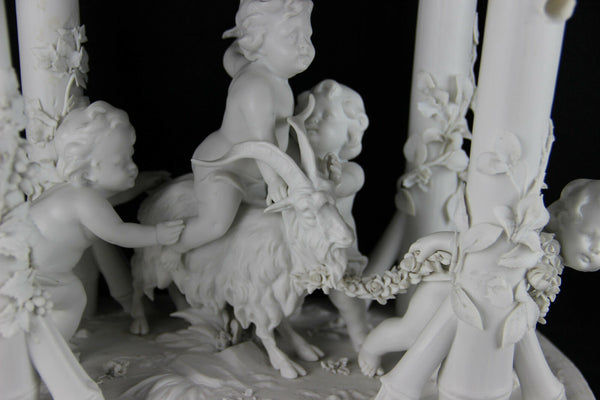 XL Antique French bisque porcelain neo classical putti cherubs ram group columns