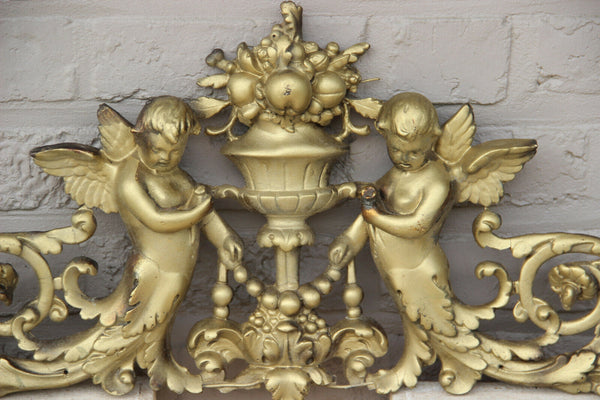 XL french chalkware Gold gilt pendiment fronton putti angels romantic Antique