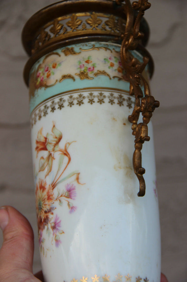 PAIR antique French bronze porcelain floral Vases urns 1920s