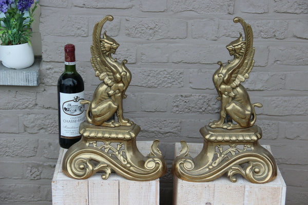 PAIR antique XL Brass Gothic Griffin Dragon Fireplace andirons