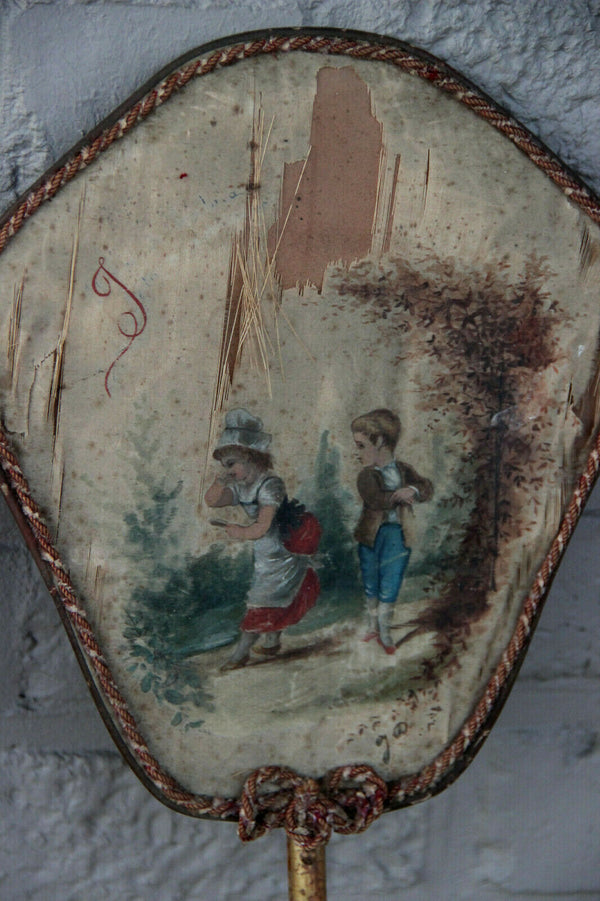 PAIR antique 19thc victorian Hand fireplace fan Silk romantic boy girl