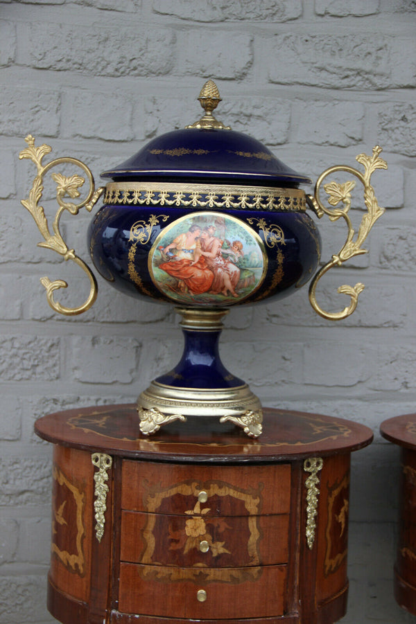 huge French cobalt blue porcelain centerpiece lidded bowl victorian scene