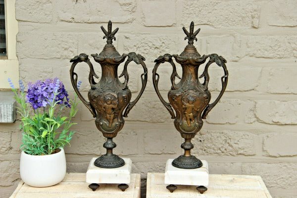 Antique French spelter bronze patina pair urns Vases putti angel marble base
