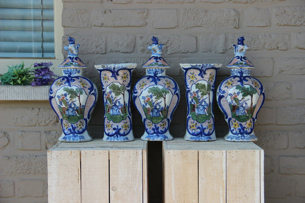 Antique holland 19th Adriaen kocks Delft pottery marked set 5 vases