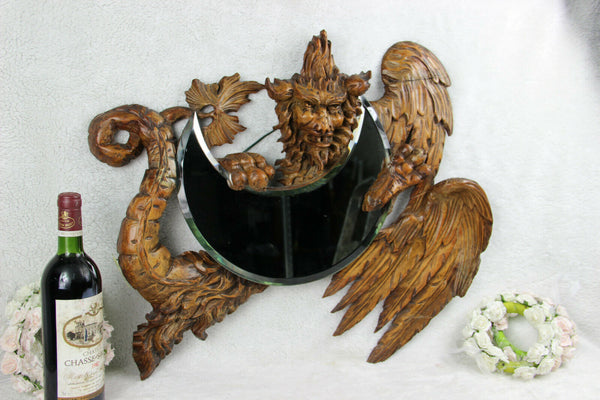 Large Antique French Wood carved dragon gothic head mirror sickle Attr. VIARDOT