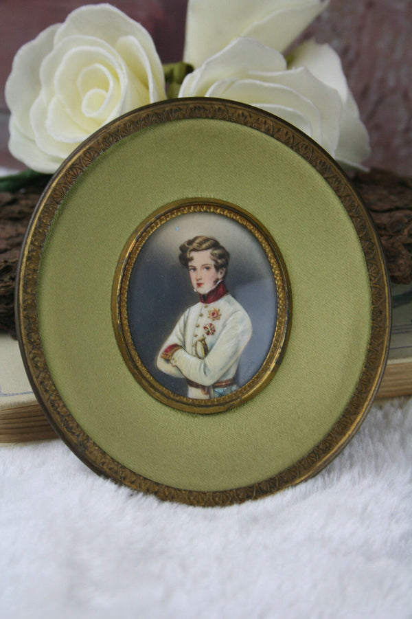 French 1900 Napoleon son duke officer military Miniature portrait painting signe