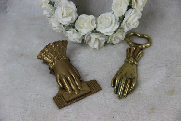 PAIR vintage French bronze desk paper clip holder and weight hand form