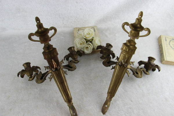 PAIR french Louis XVI Brass Wall lights sconces empire Swan arms 1950's