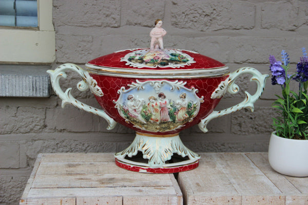 Large italian capodimonte marked porcelain centerpiece lidded bowl putti