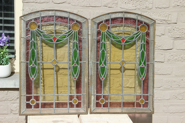 PAIR French antique art nouveau stained glass window panels