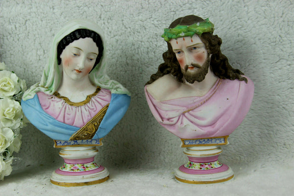PAIR Antique VIEUX ANDENNE porcelain buste JESUS Mary Statue religious
