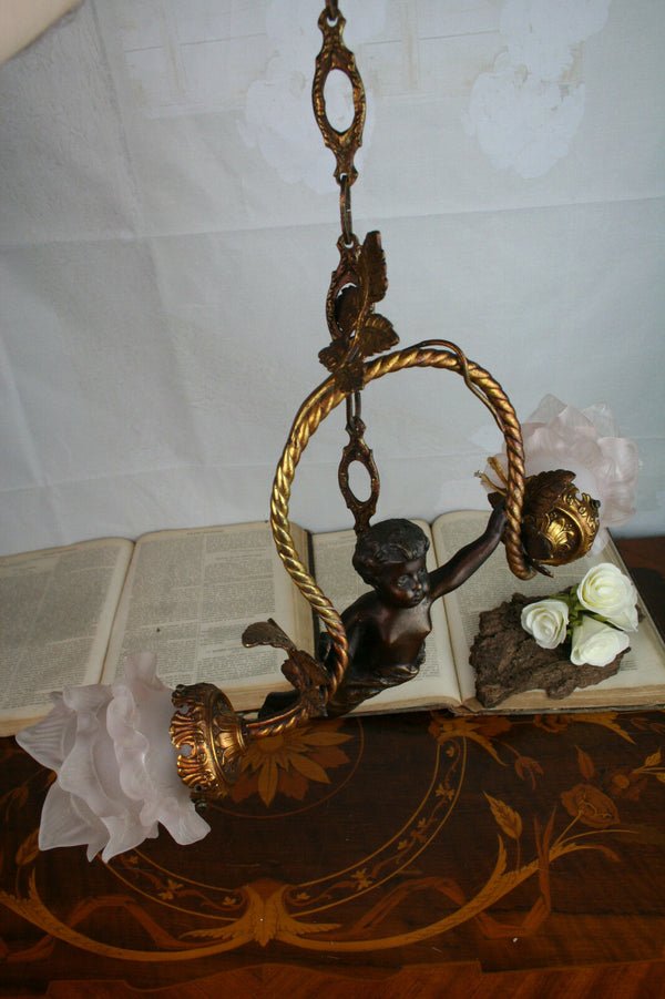 Exclusive Special Bronze angel cherub putti chandelier 2 arms brass leaves 1920