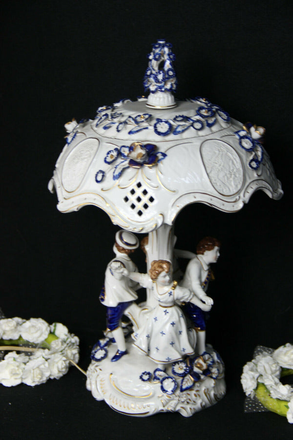 German PLAUE schierholz porcelain Lamp group figurines dancing blue white signed