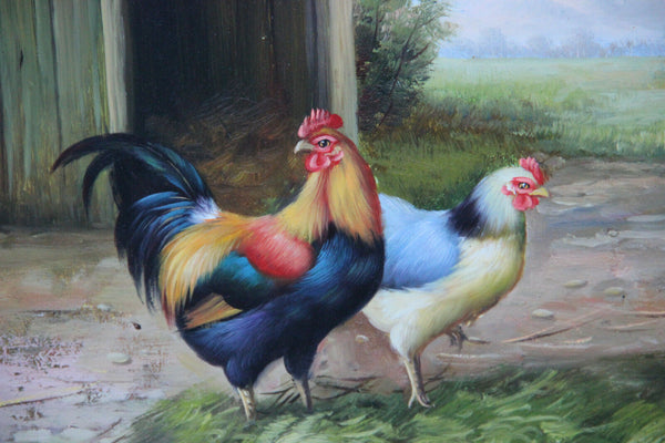 PAIR French vintage OIL panel Chicken rooster animal painting matching