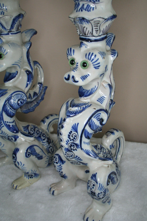 PAIR 1930  Delft pottery marked Dragon gothic  candle holders rare special pcs