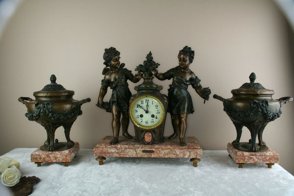 Antique French spelter Bronze clock garniture Vases urns cherubs marked Bruchon