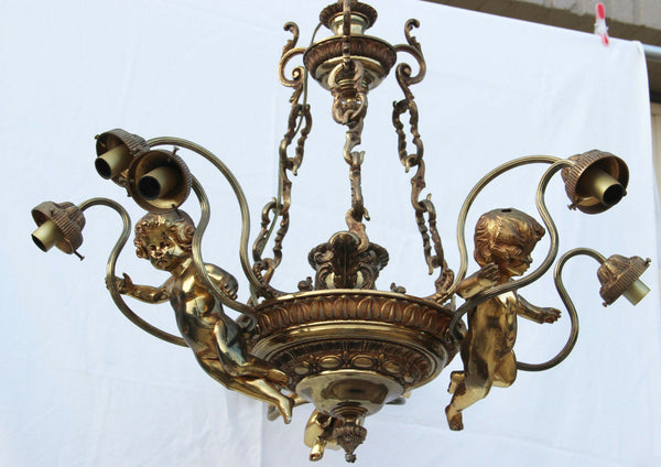 HUGE French antique Brass 3 putti angels figural Chandelier 9 lights 1950 Rare