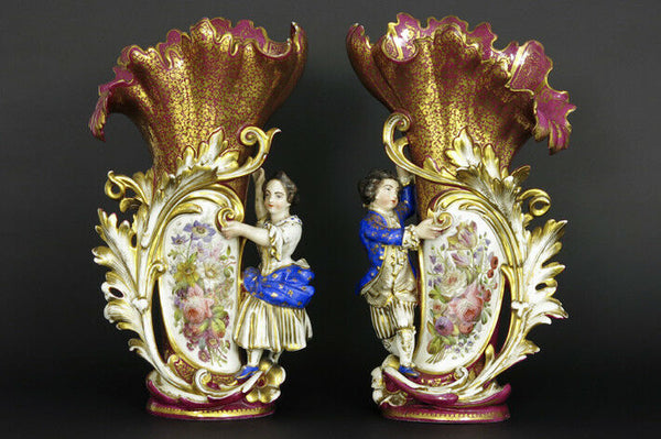 RARE PAIR XXL Genuine JACOB PETIT Porcelain 1840 Vases figurine boy girl floral