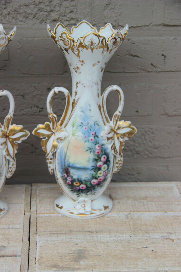 PAIR antique vieux paris porcelain  hand paint floral porcelain vases