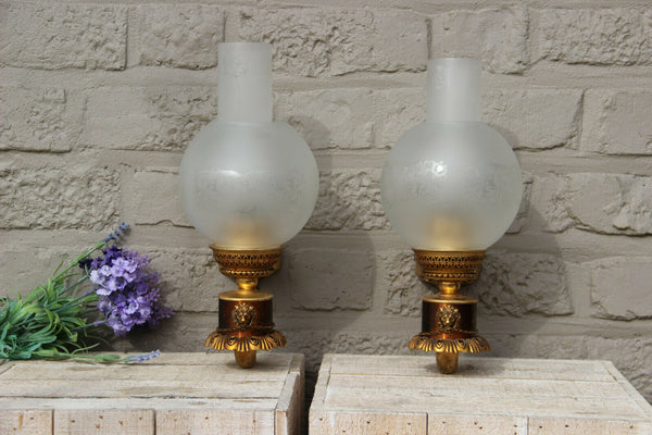 PAIR vintage 1960 French brass metal Lion head wall lights sconces glass globe