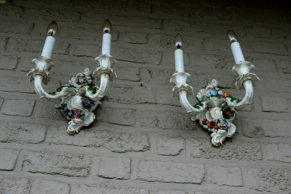 PAIR antique German Dresden porcelain marked majolica flowers wall sconces light